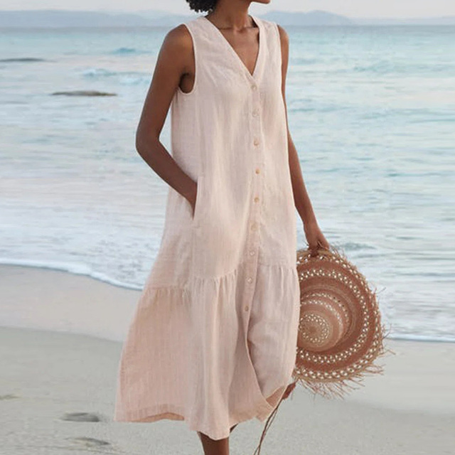 Maria V-Neck Button-Down Summer Dress Stylish Lightweight Comfort