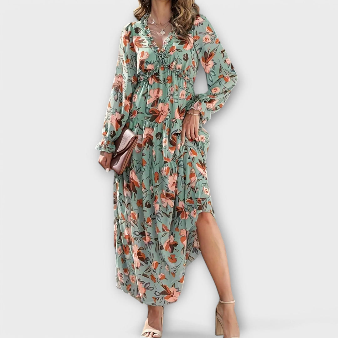 Elle Floral V-Neck Maxi Dress – Comfortable Elegant Summer & Autumn Dress