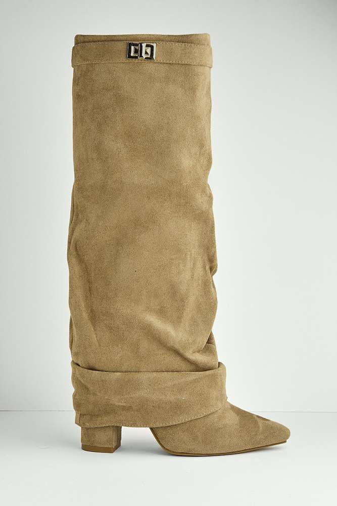 Izel Block Heel Pointy Toe Gold Trim Buckle Ruched Boots in Taupe Suede