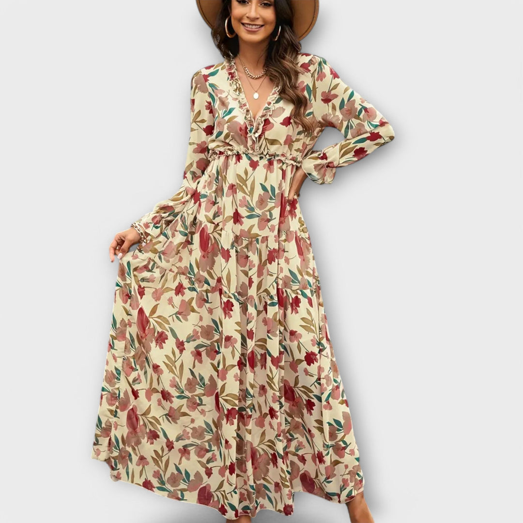 Elle Floral V-Neck Maxi Dress – Comfortable Elegant Summer & Autumn Dress