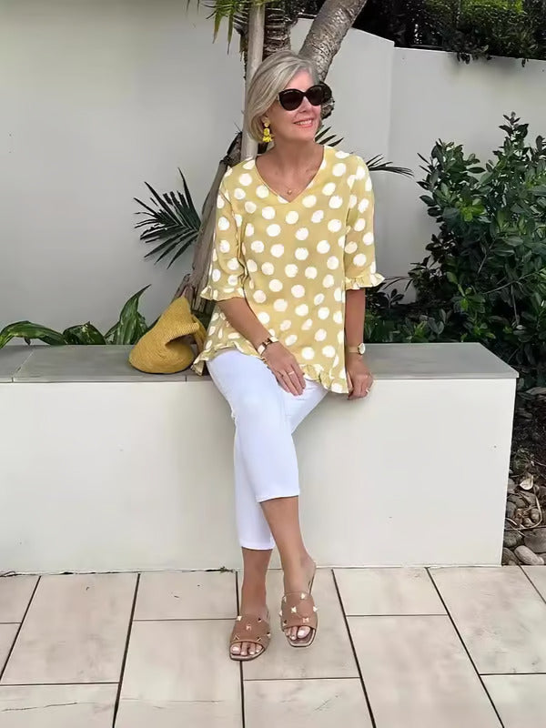 Beth V-Neck Lightweight Polka Dot Blouse Summer Top