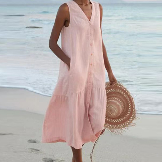 Maria V-Neck Button-Down Summer Dress Stylish Lightweight Comfort