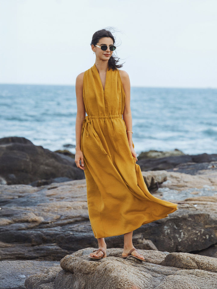 V-Neck Halter Maxi Dress BETH with Waist Pleat, Side Pockets & Drawstring Back for Summer