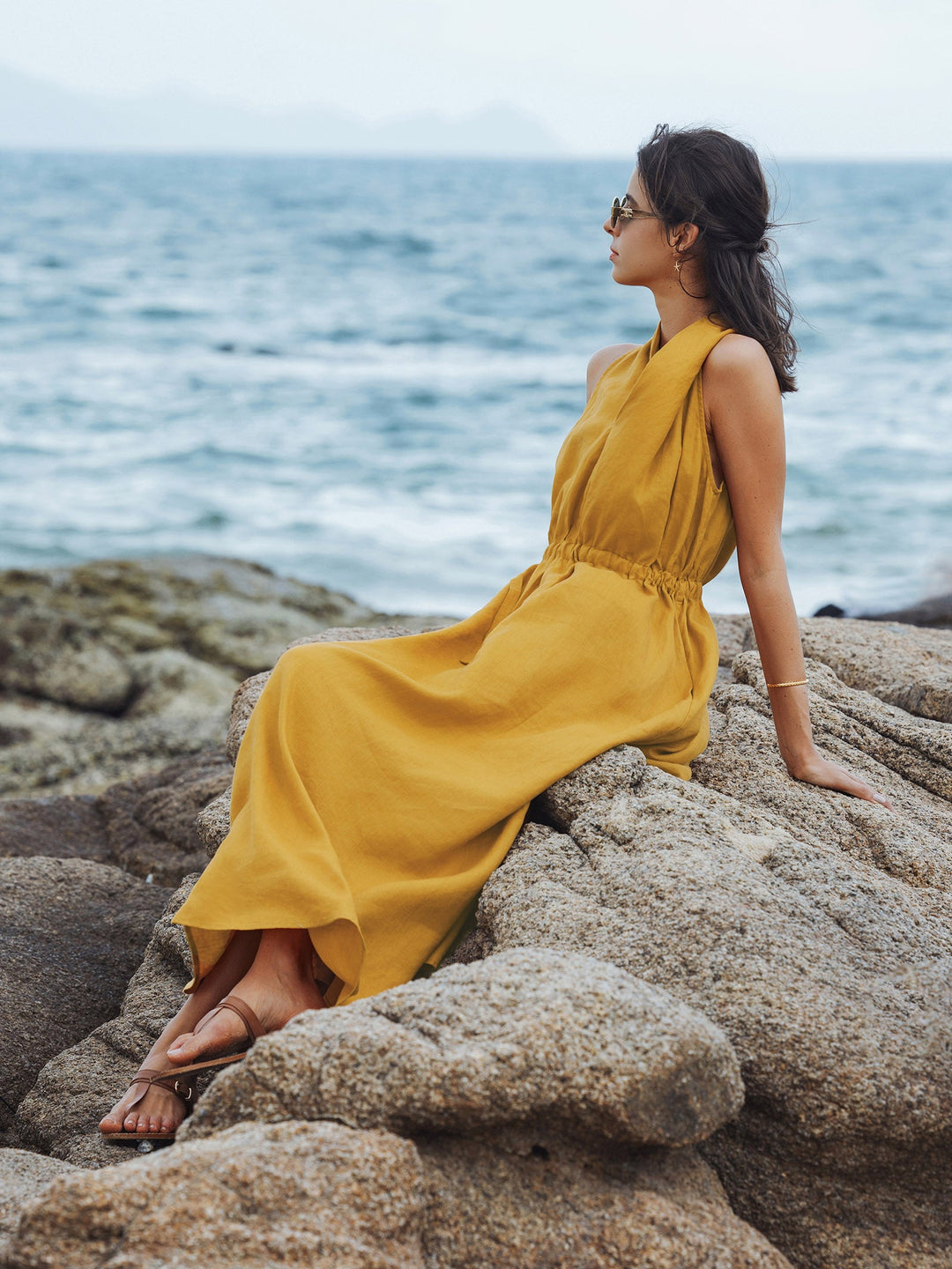 V-Neck Halter Maxi Dress BETH with Waist Pleat, Side Pockets & Drawstring Back for Summer