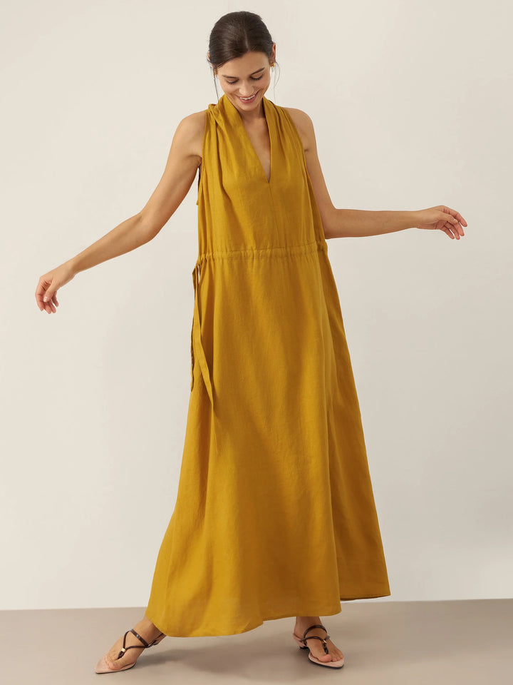 V-Neck Halter Maxi Dress BETH with Waist Pleat, Side Pockets & Drawstring Back for Summer