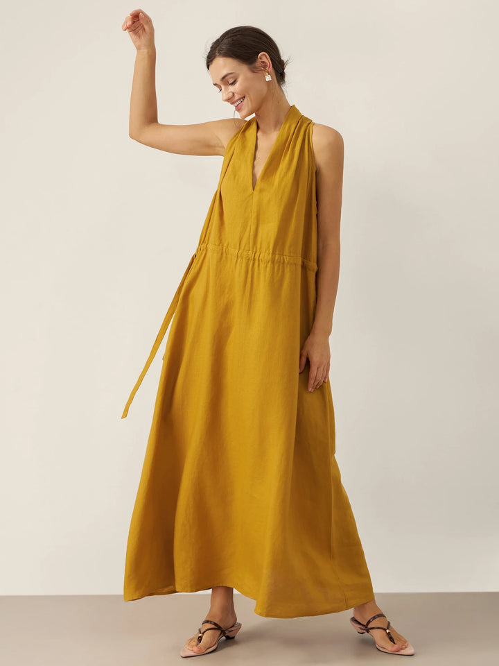 V-Neck Halter Maxi Dress BETH with Waist Pleat, Side Pockets & Drawstring Back for Summer
