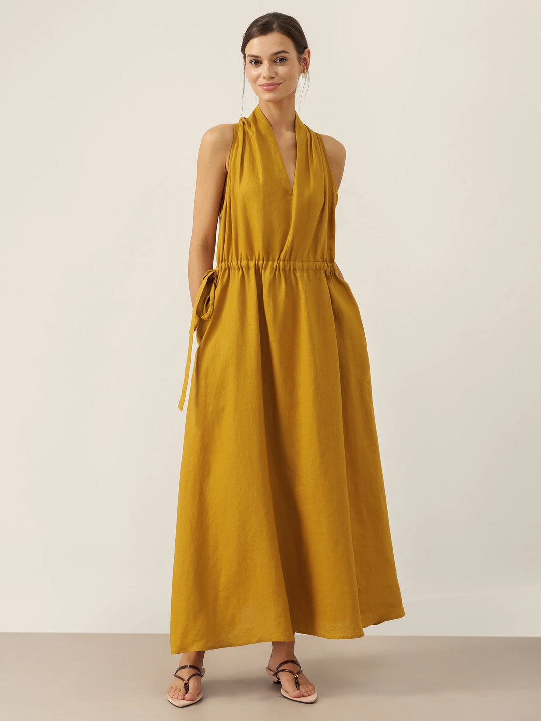 V-Neck Halter Maxi Dress BETH with Waist Pleat, Side Pockets & Drawstring Back for Summer