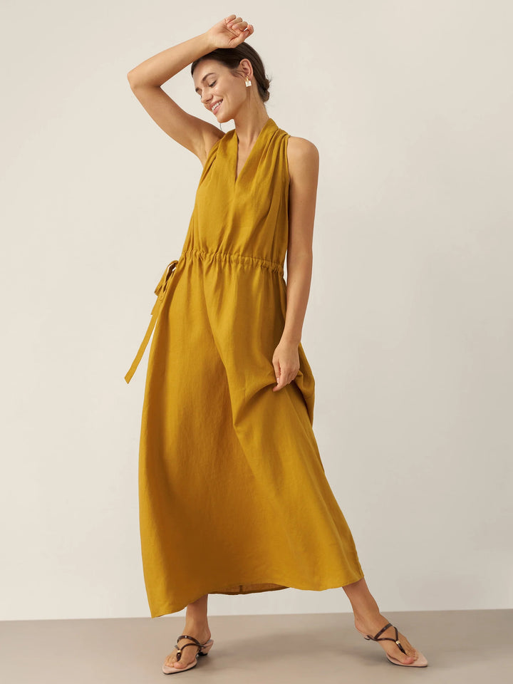 V-Neck Halter Maxi Dress BETH with Waist Pleat, Side Pockets & Drawstring Back for Summer