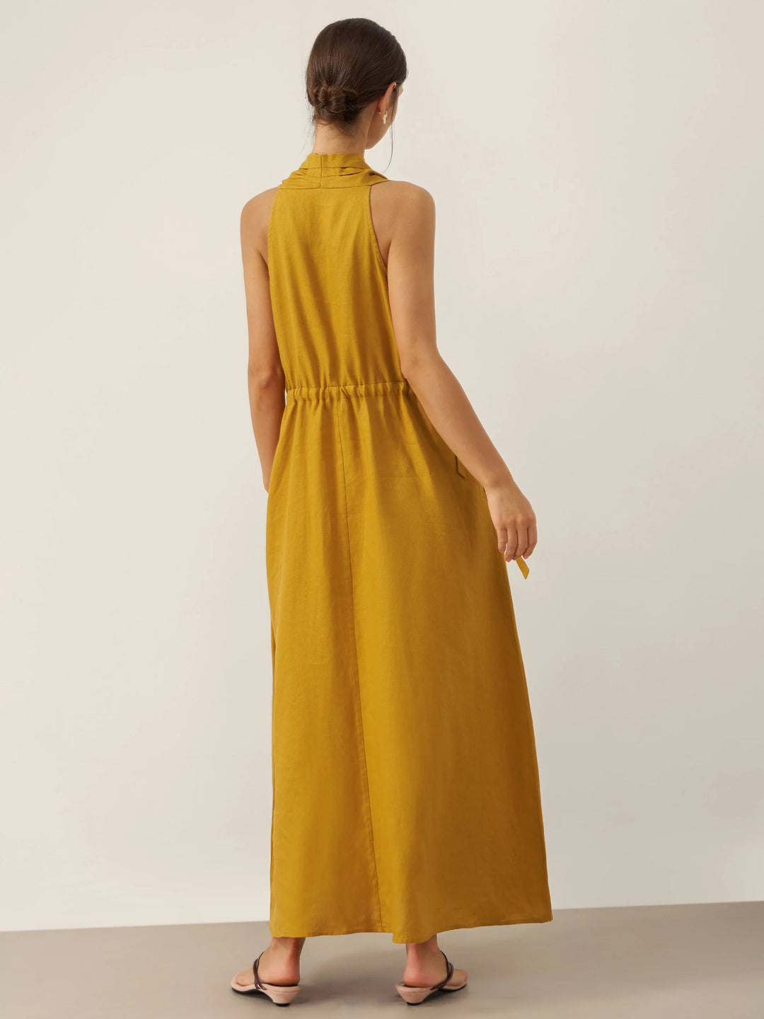 V-Neck Halter Maxi Dress BETH with Waist Pleat, Side Pockets & Drawstring Back for Summer