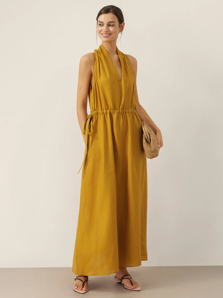 V-Neck Halter Maxi Dress BETH with Waist Pleat, Side Pockets & Drawstring Back for Summer