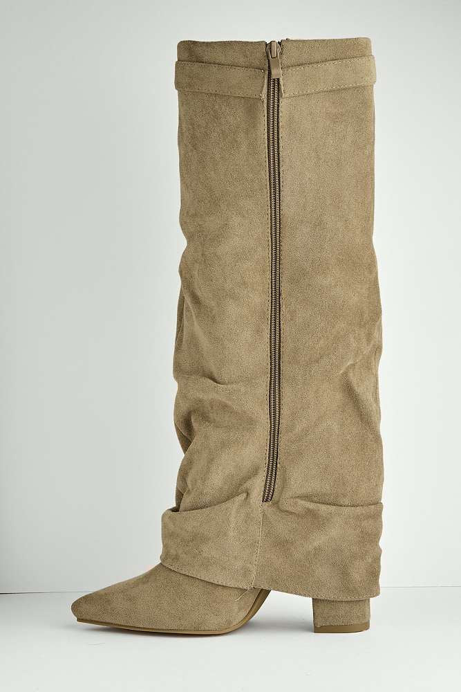 Izel Block Heel Pointy Toe Gold Trim Buckle Ruched Boots in Taupe Suede