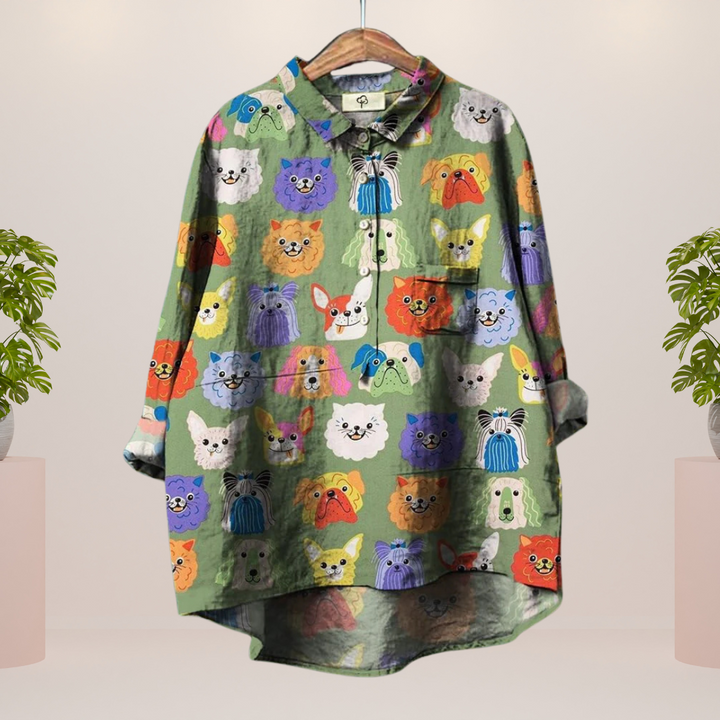 Freya Playful Dog Print Button-Down Shirt for Autumn and Summer