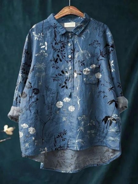 Donna Floral Print Blouse in Bamboo Hemp Fabric for Autumn and Summer
