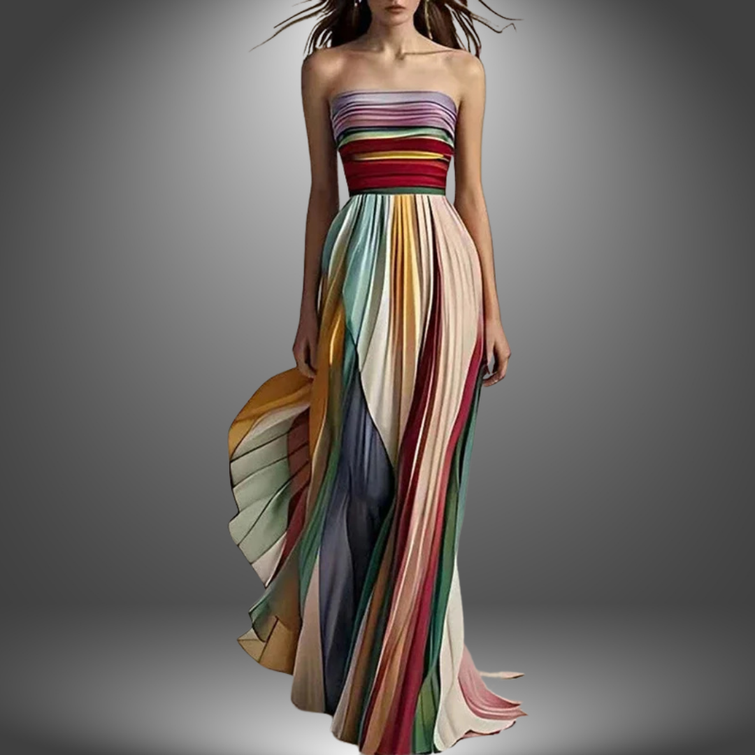 Abigail Strapless Colorful Pleated Maxi Dress Lightweight Summer Fashion