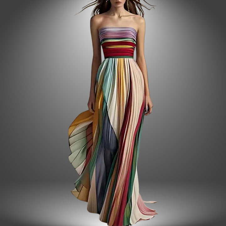 Abigail Strapless Colorful Pleated Maxi Dress Lightweight Summer Fashion