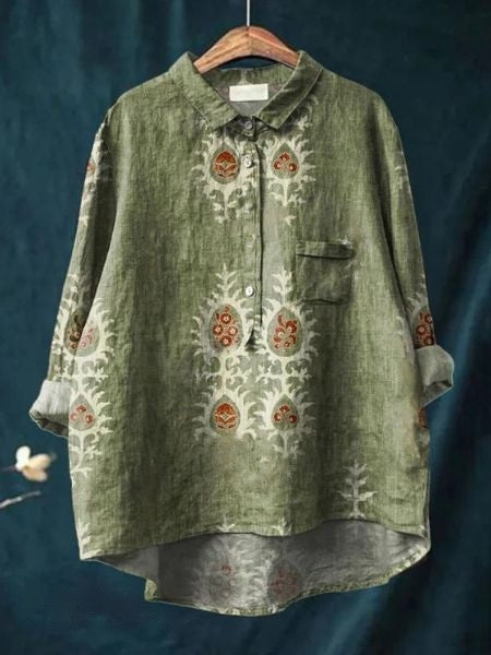 Donna Floral Print Blouse in Bamboo Hemp Fabric for Autumn and Summer