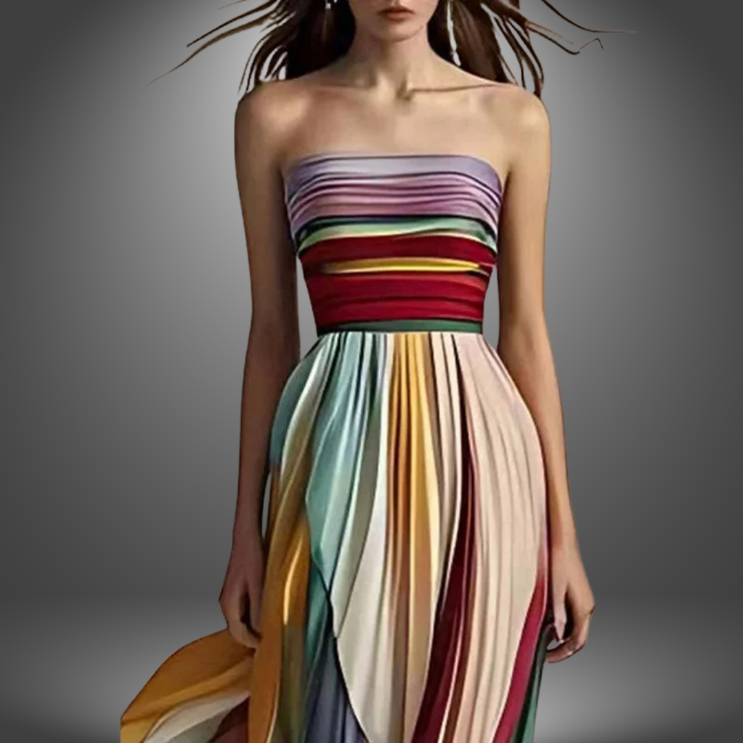 Abigail Strapless Colorful Pleated Maxi Dress Lightweight Summer Fashion