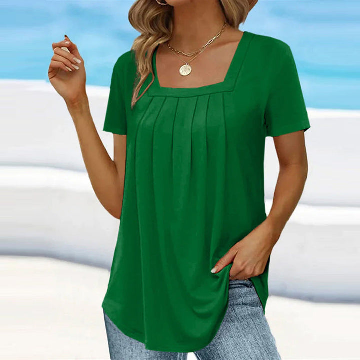 Brenda Elegant Pleated Blouse with Square Neckline for Autumn