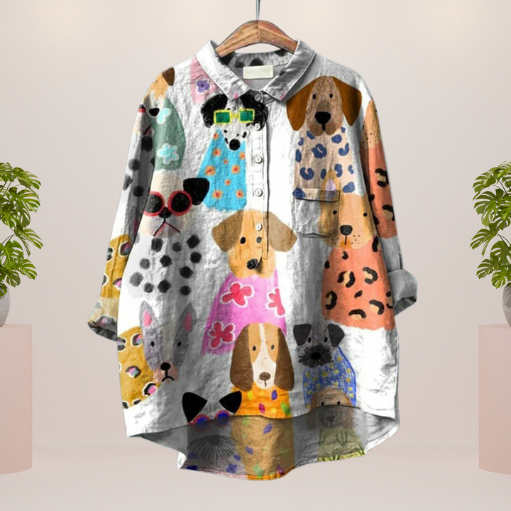 Freya Playful Dog Motif Button-Up Shirt for Autumn and Summer