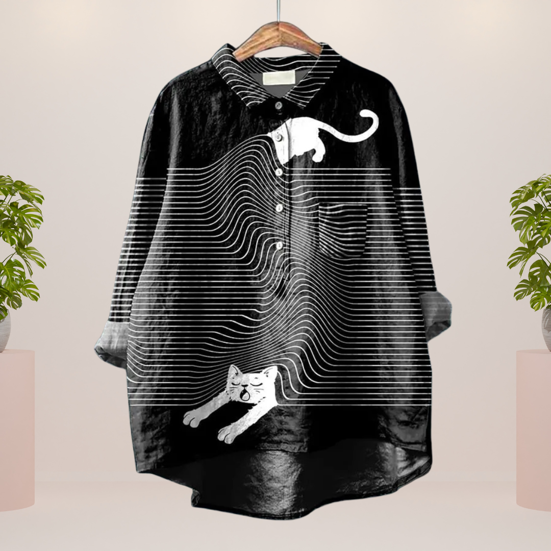 Freya Playful Dog Print Button-Down Shirt for Autumn and Summer