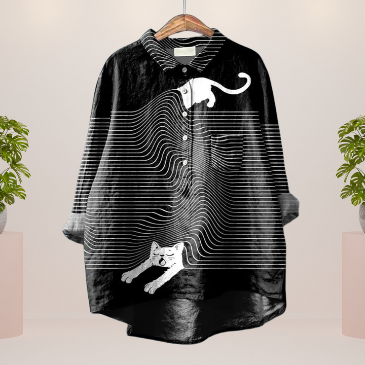 Freya Playful Dog Motif Button-Up Shirt for Autumn and Summer