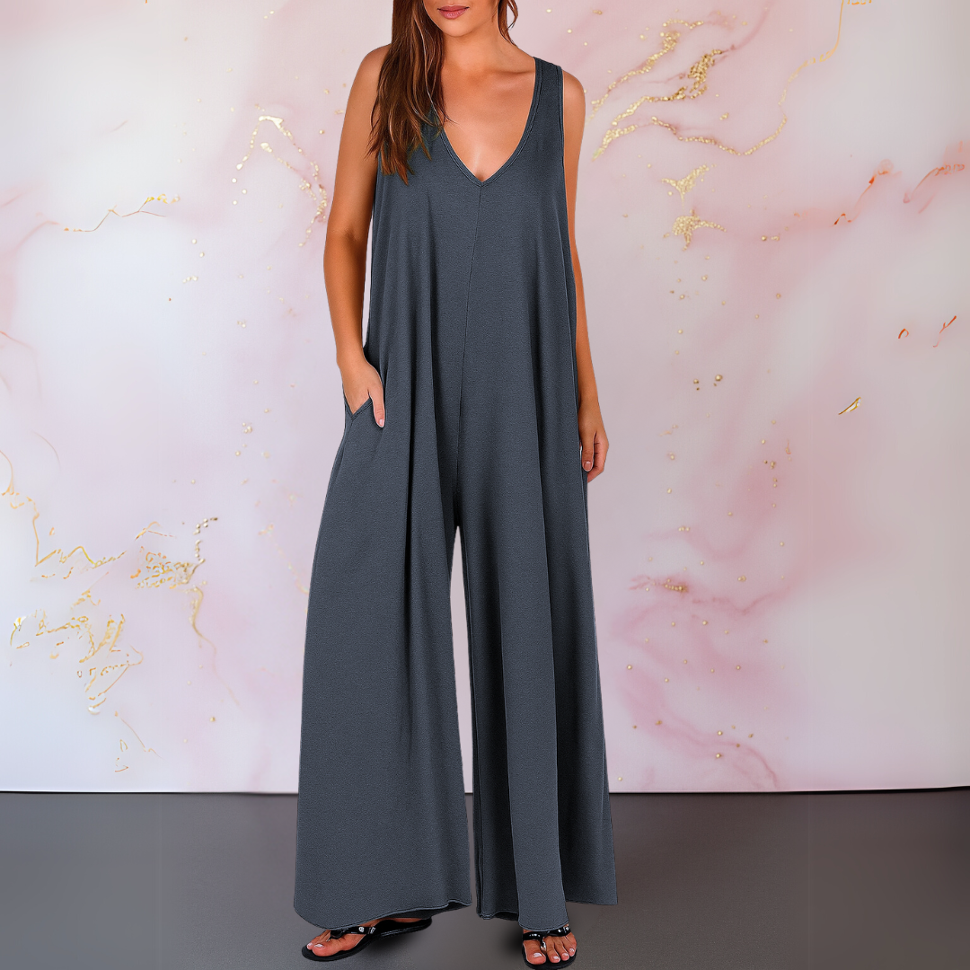 Wendy Comfortable Wide-Leg V-Neck Jumpsuit for Summer and Autumn