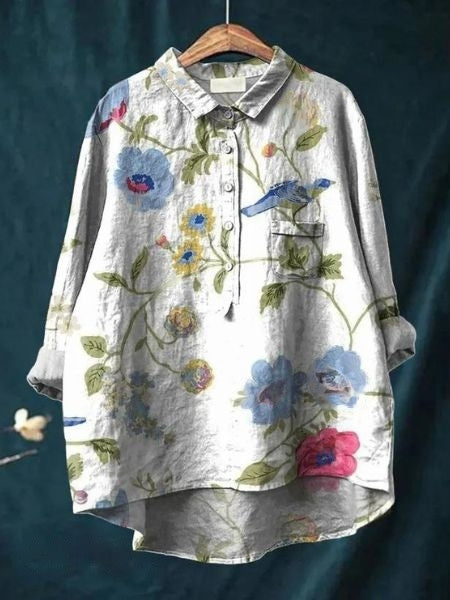 Donna Floral Print Blouse in Bamboo Hemp Fabric for Autumn and Summer