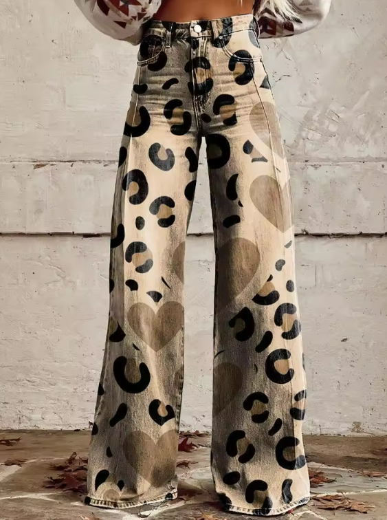 Violet Leopard Heart Print Jeans Stylish Comfortable Autumn Fashion