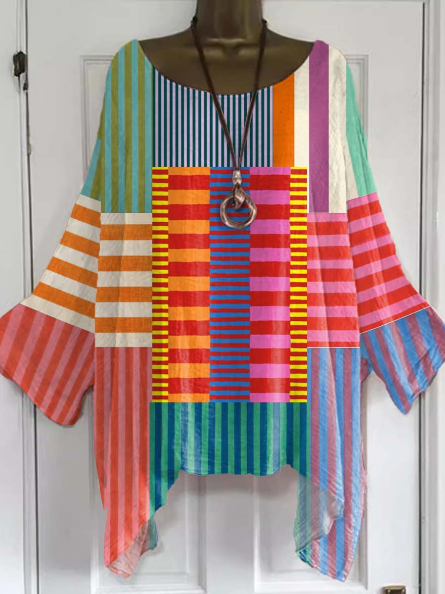 Women's Cotton Linen Top with Geometric Pattern Art Print for Summer and Autumn