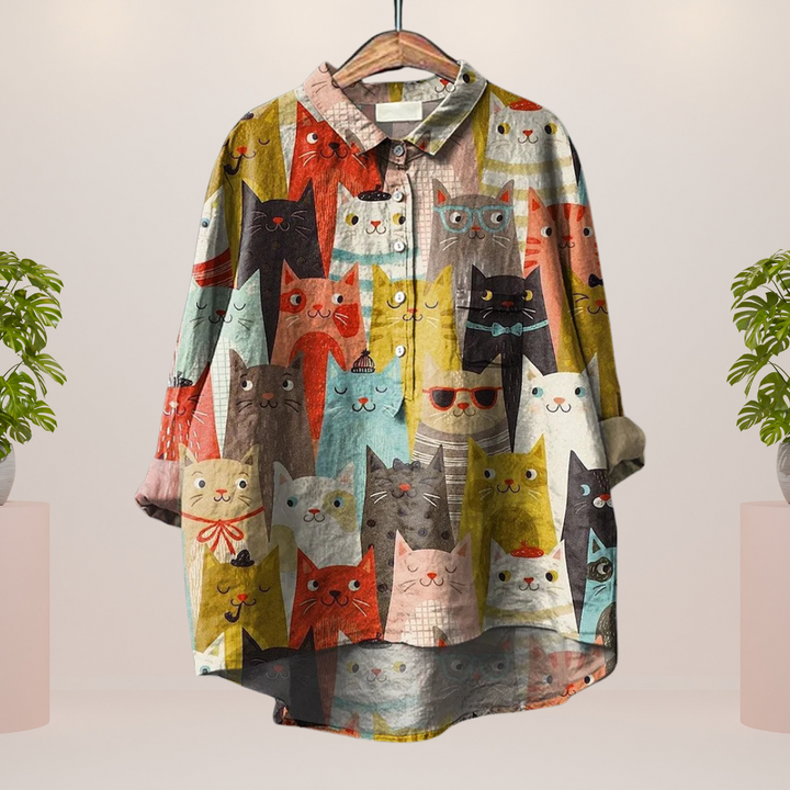 Freya Playful Dog Motif Button-Up Shirt for Autumn and Summer
