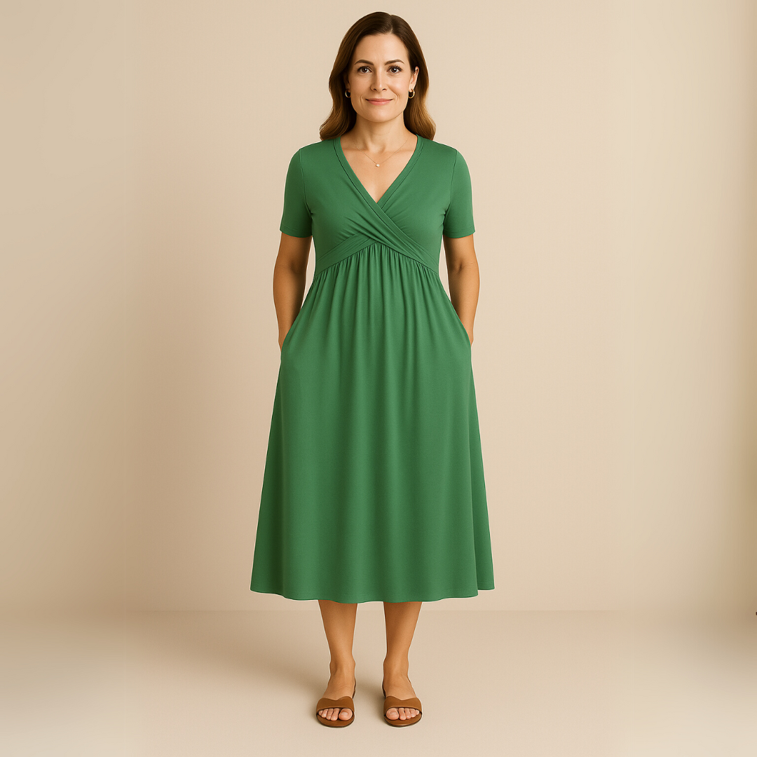 Anny Stylish V-Neck Midi Dress Elegant Comfortable for Autumn and Summer