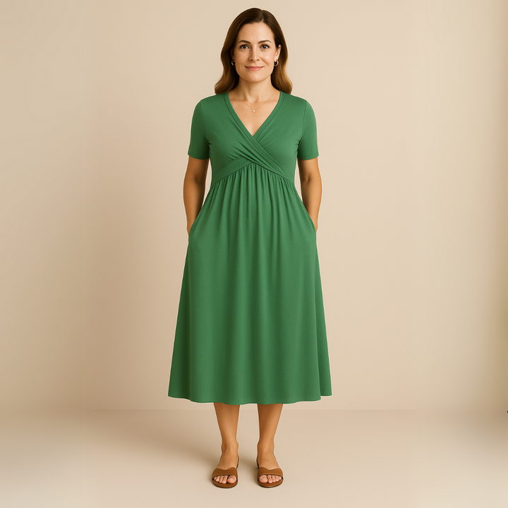 Anny Stylish V-Neck Midi Dress Elegant Comfortable for Autumn and Summer