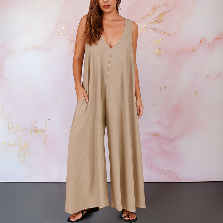 Wendy Comfortable Wide-Leg V-Neck Jumpsuit for Summer and Autumn