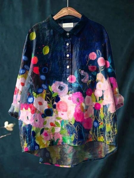 Donna Floral Print Blouse in Bamboo Hemp Fabric for Autumn and Summer