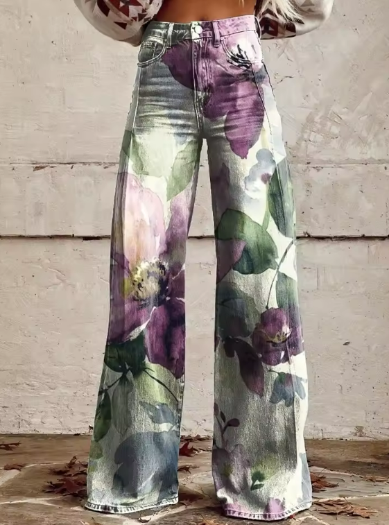 Marissa Floral Art Wide-Leg Jeans Stylish Comfortable Autumn Fashion
