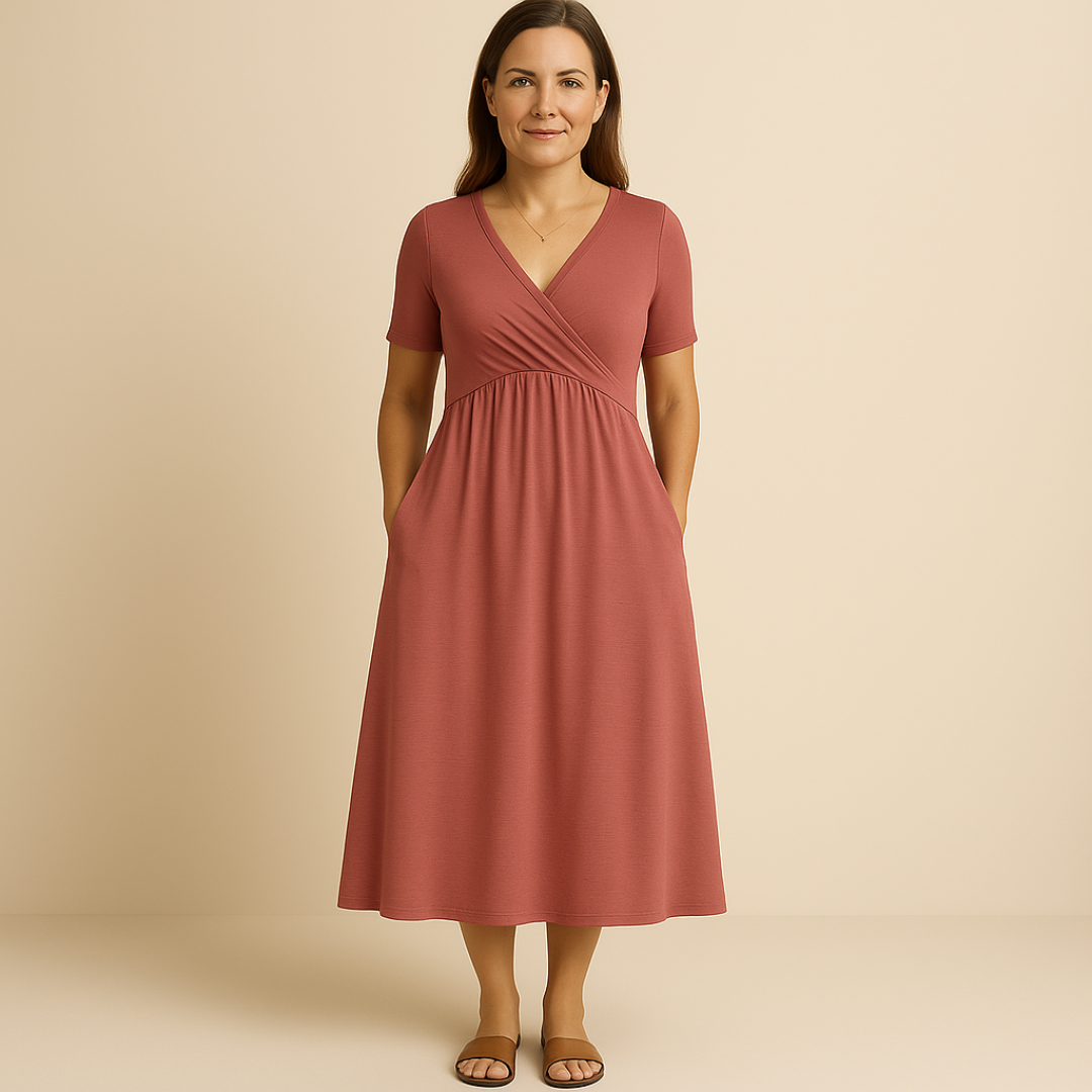 Anny Stylish V-Neck Midi Dress Elegant Comfortable for Autumn and Summer