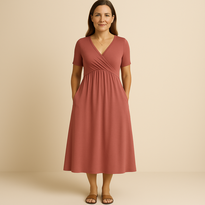 Anny Stylish V-Neck Midi Dress Elegant Comfortable for Autumn and Summer