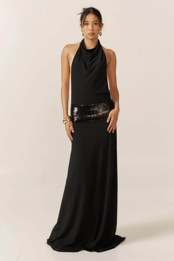Joanna Halter Backless Evening Gown with Sequin Waistband Autumn Dress