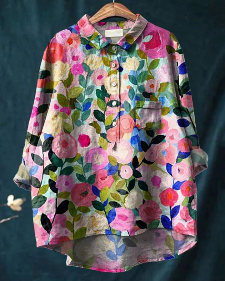 Donna Floral Print Blouse in Bamboo Hemp Fabric for Autumn and Summer
