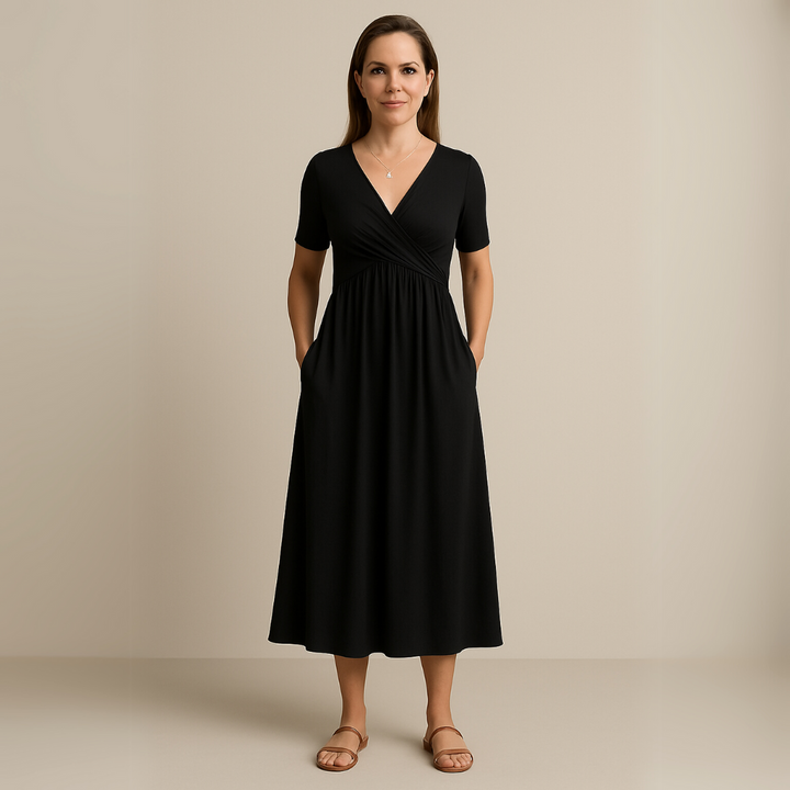 Anny Stylish V-Neck Midi Dress Elegant Comfortable for Autumn and Summer