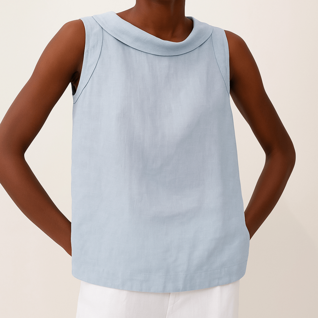 Avice Sleeveless Roll Collar Top in Linen-Cotton Blend for Summer