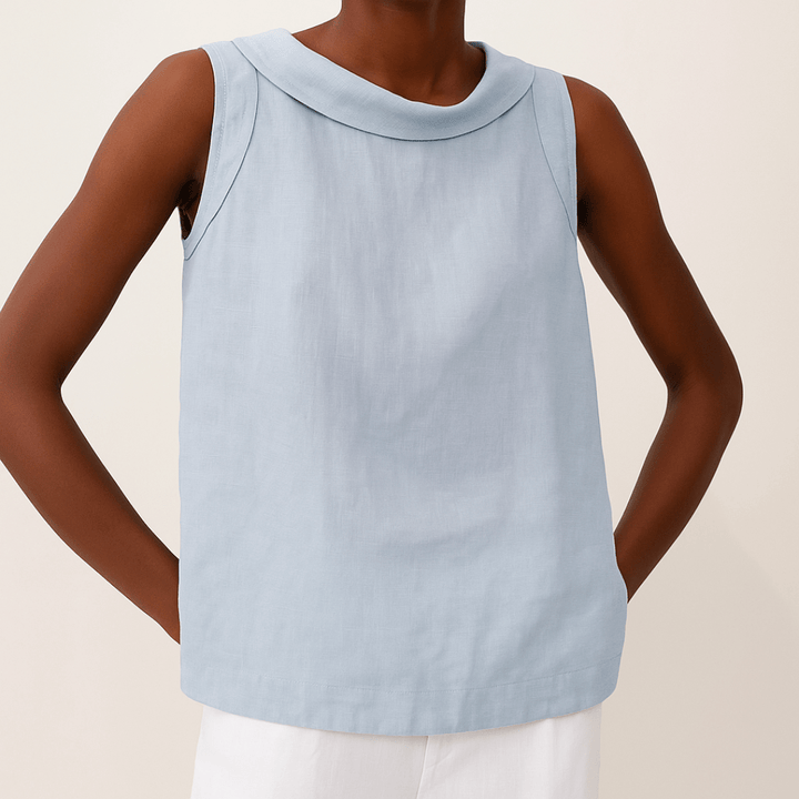 Avice Sleeveless Roll Collar Top in Linen-Cotton Blend for Summer