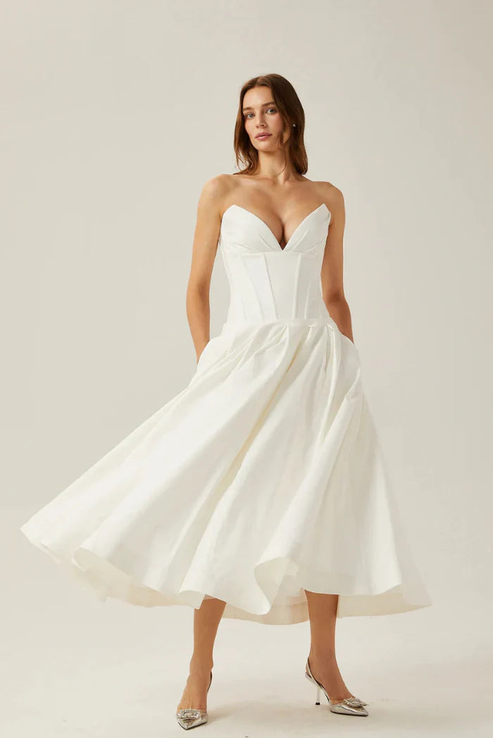Lorelei Off-the-Shoulder Corset Midi Dress with Structured Fit for Autumn
