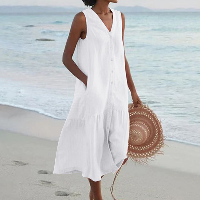 Maria V-Neck Button-Down Summer Dress Stylish Lightweight Comfort