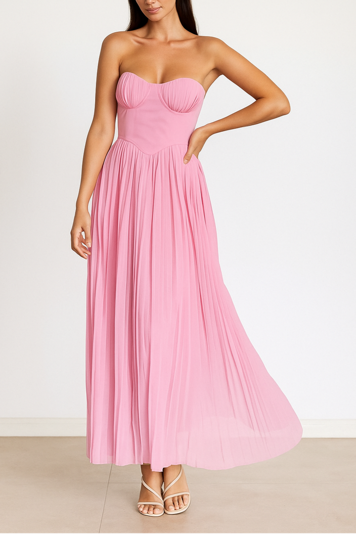 Cora Strapless Pleated Maxi Dress Elegant Evening Gown for Autumn