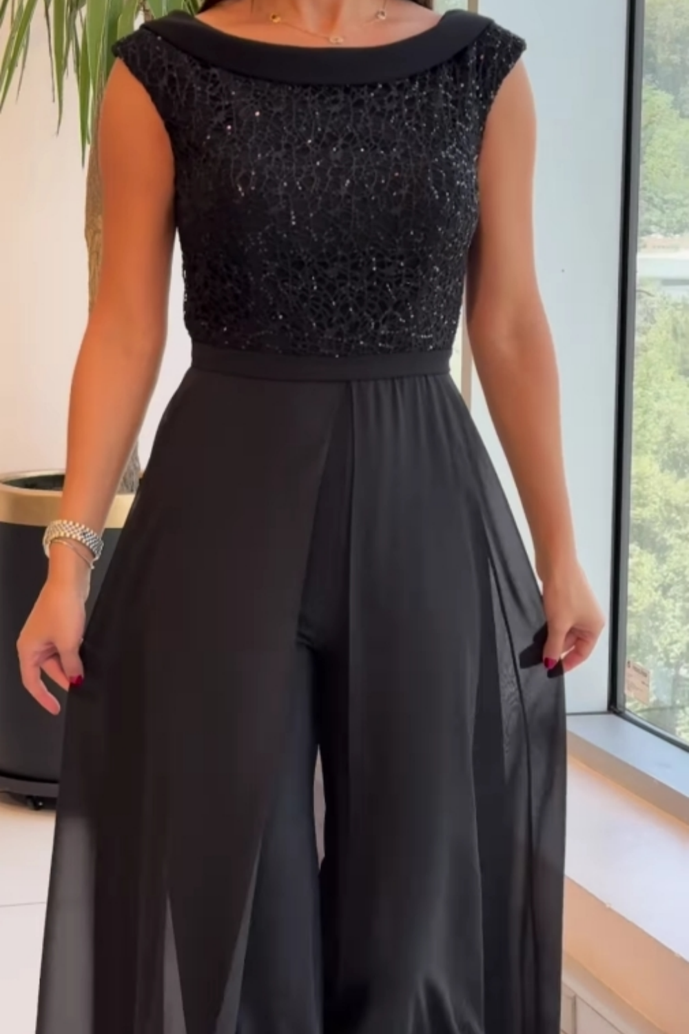 Crew-neck textured-panel tulle jumpsuit