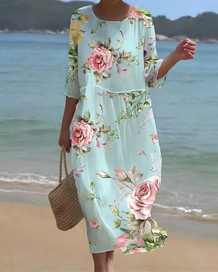 Martha Floral Print Midi Dress Elegant Fit for Summer and Autumn