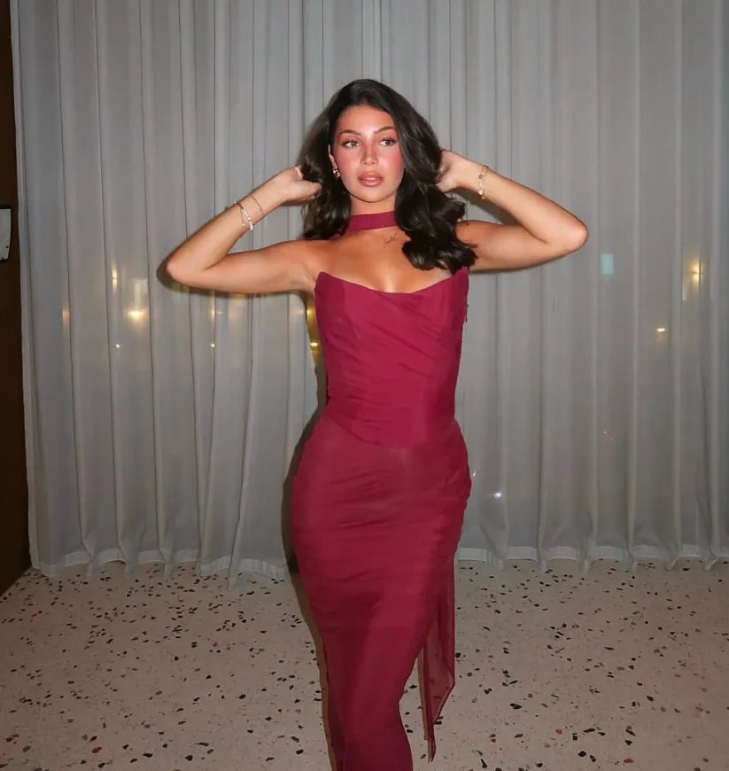 Aniyah Strapless Bodycon Maxi Dress Elegant Evening Wear Autumn