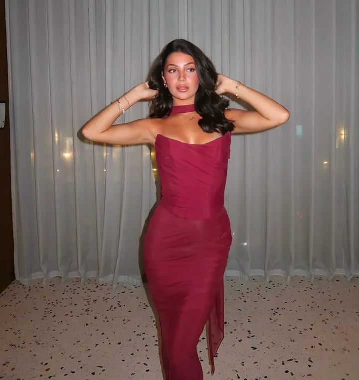 Aniyah Strapless Bodycon Maxi Dress Elegant Evening Wear Autumn
