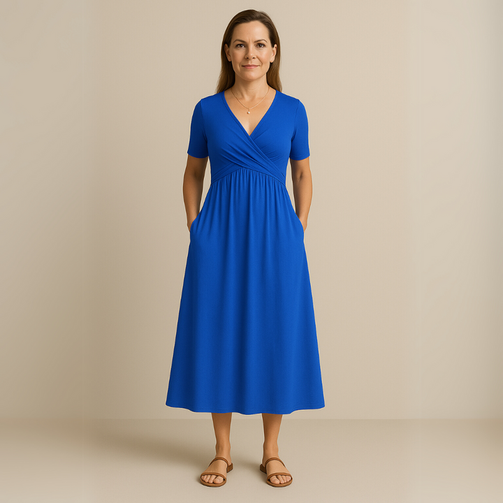 Anny Stylish V-Neck Midi Dress Elegant Comfortable for Autumn and Summer